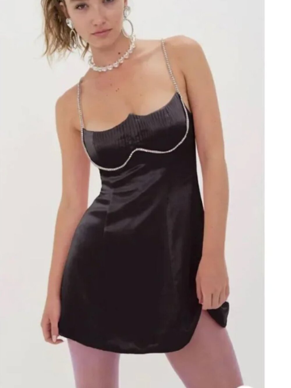 For Love & Lemons Elora black satin mini dress with rhinestone straps Size Small